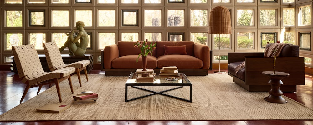 Pawson Drift Sofa in Foxtrot and Pawson Drift Lounge Chair in Mantra with Krusin Coffee Table