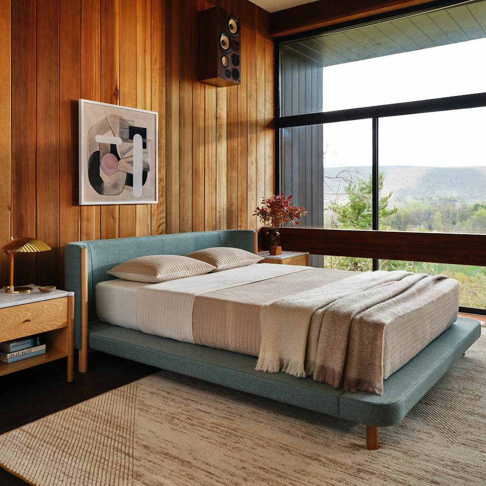 Emmy Bed in Pecora Green and Ema Rug