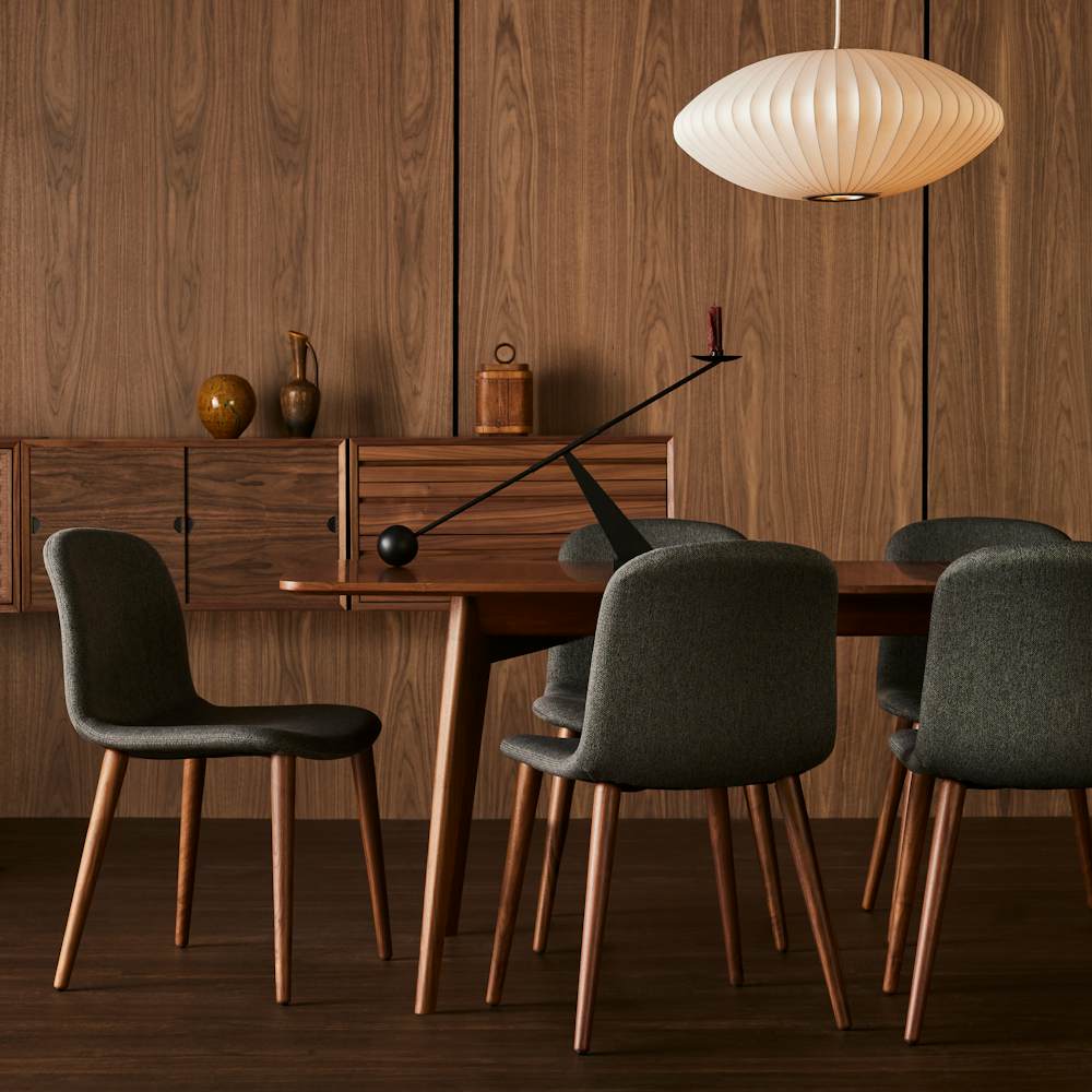Dulwich Extension Table, Bacco Chairs, Nelson Saucer Pendant and System Cado Sideboard in a dining room setting