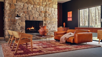 Fences Rug, In Situ Sofa, 2 Seater in Cognac, and Cover Armchair in a living room setting